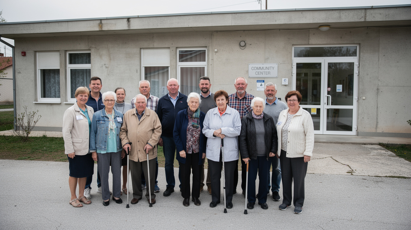 Group of volunteers and seniors at an early community gathering