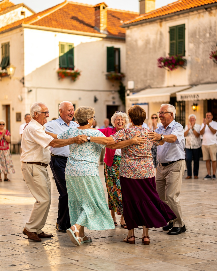 Group of elderly Croatian friends dancing and laughing together outdoors