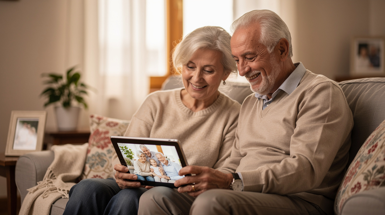 Elderly couple learning to use a tablet together at home